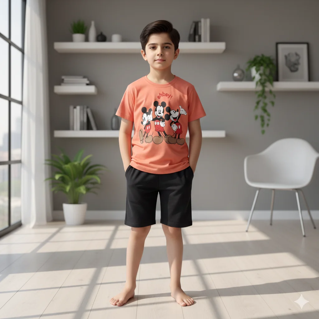 Kids – Orange Mickey Mouse Printed Cotton Shorts and Tee Shirts For Boys