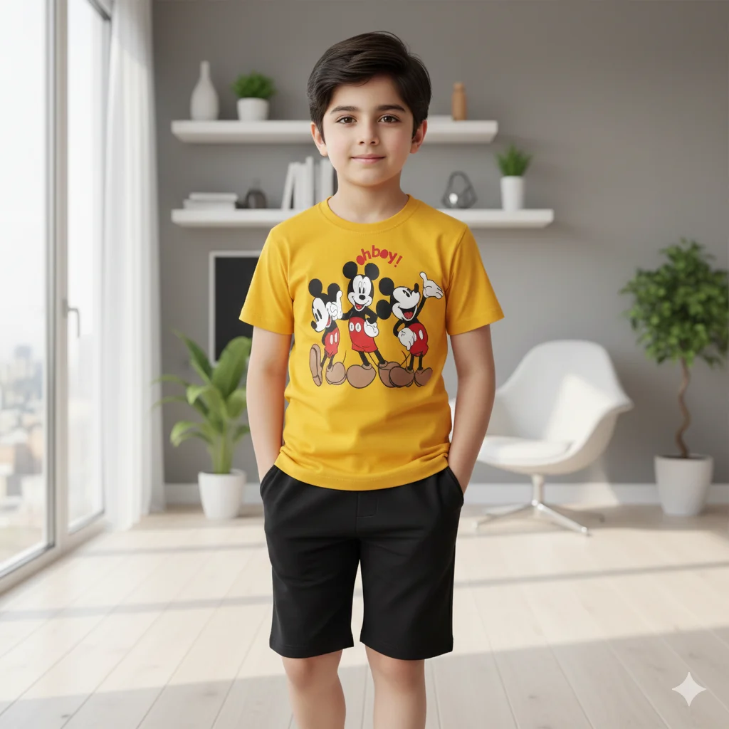 Kids – Yellow Mickey Mouse Printed Cotton Shorts and Tee Shirts For Kids
