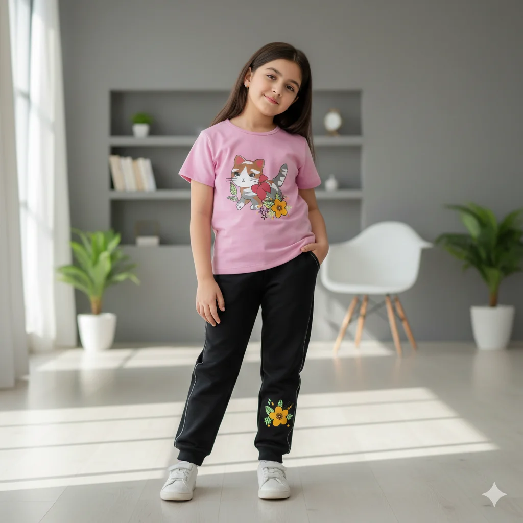 Kids – Pink Cat Shirt, Trouser Track Suite For Girls